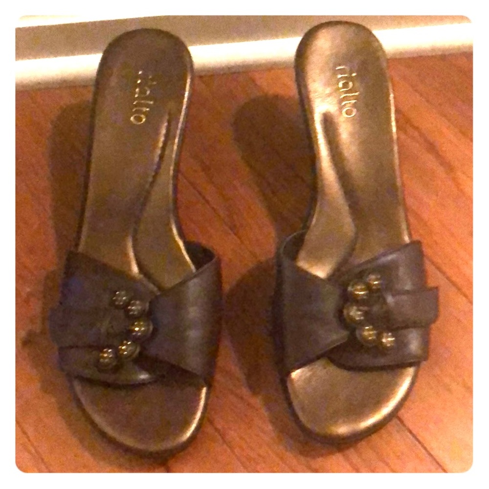 Brown and bronze slide sandals